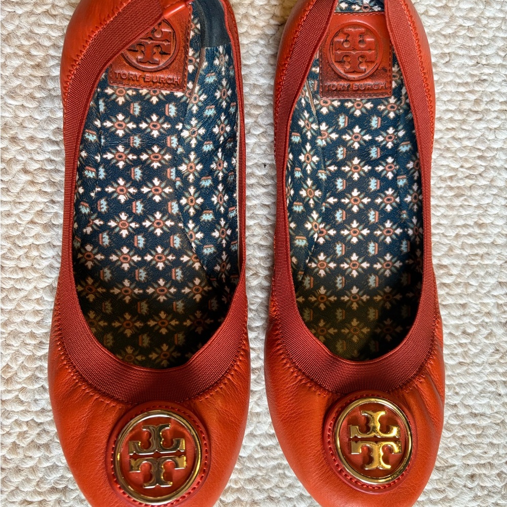 Tory Burch Orange Ballet Flats with Gold Logo